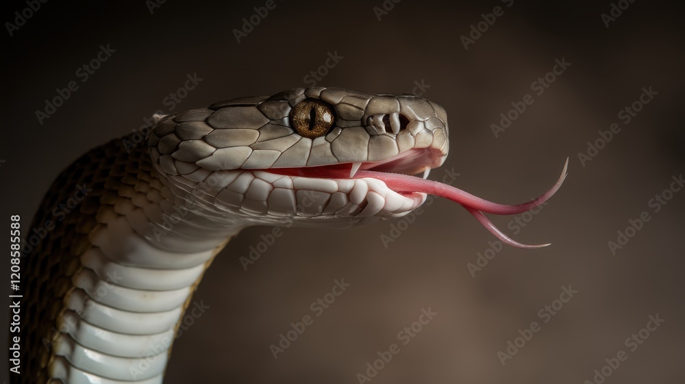 Fototapeta premium Close-up of a striking snake with intricate scales and a flicking tongue, showcasing its predatory beauty and sharp gaze against a dark backdrop.