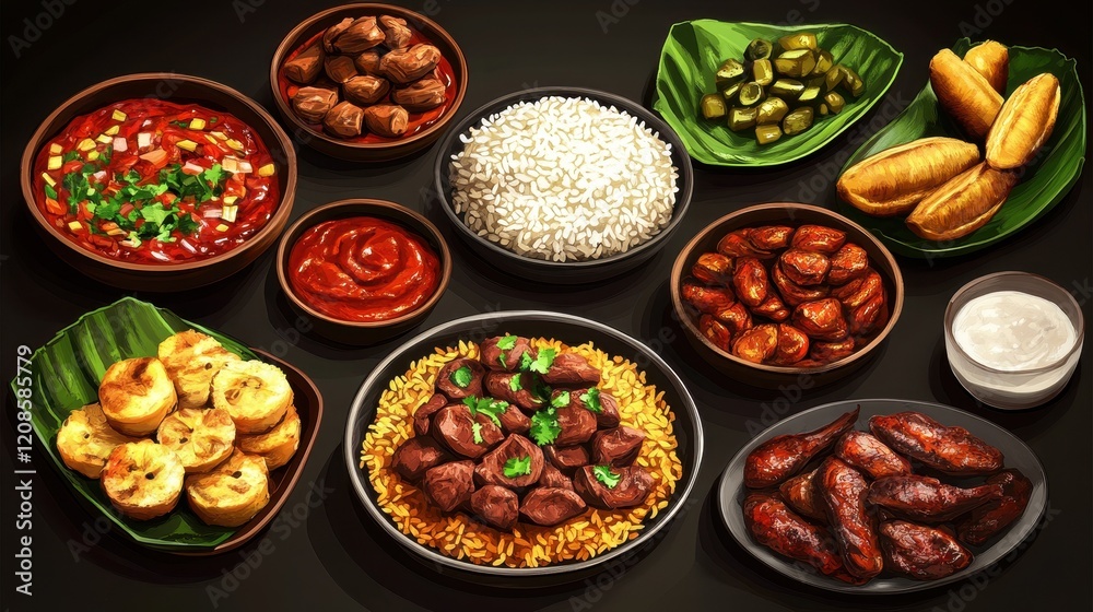 Diverse spread of traditional dishes with rice, sauces, and plantains Diverse spread of traditional dishes with rice, sauces, and plantains