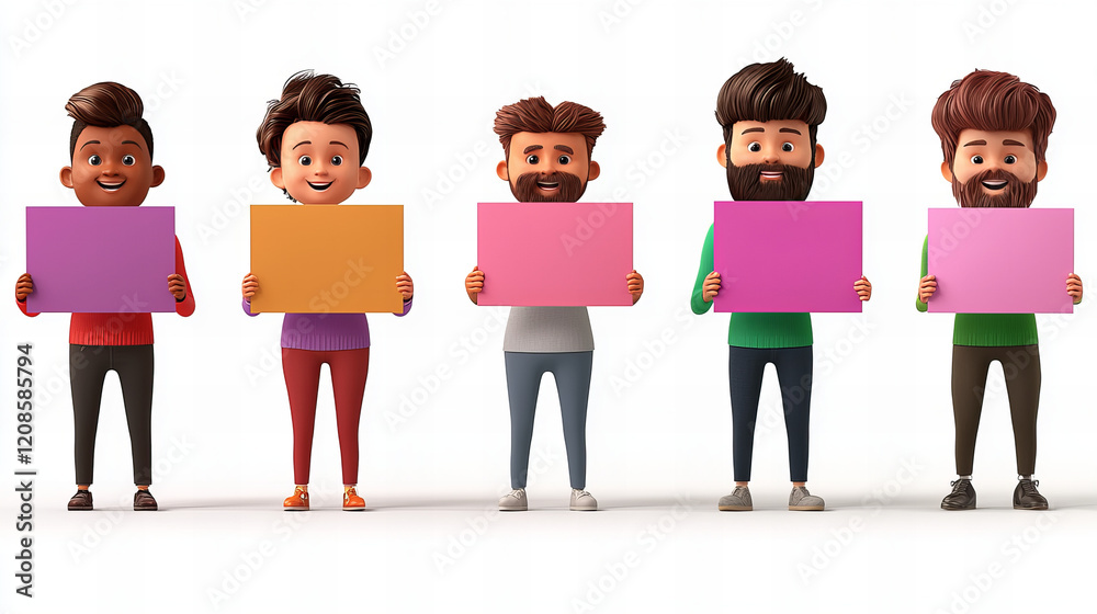 Obraz premium Five animated characters holding blank colorful signs in a cheerful display of creativity