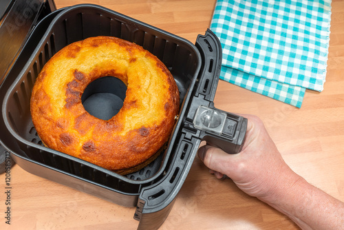 Hand baking homemade ring cake in air fryer at the kitchen. Top view.