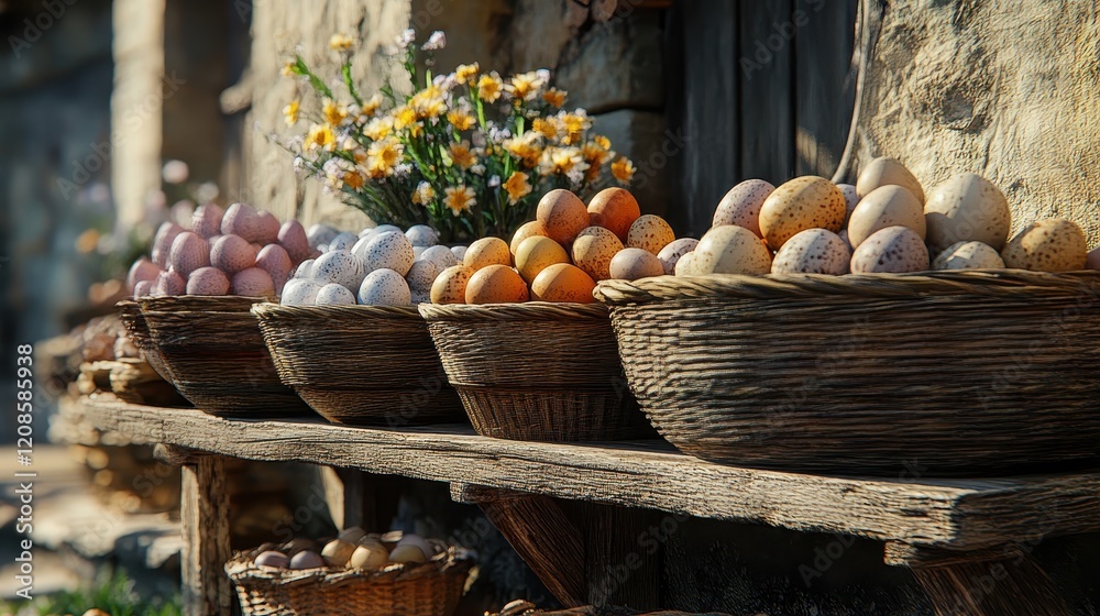 Fototapeta premium Colorful easter eggs displayed in baskets near buda castle in budapest, hungary