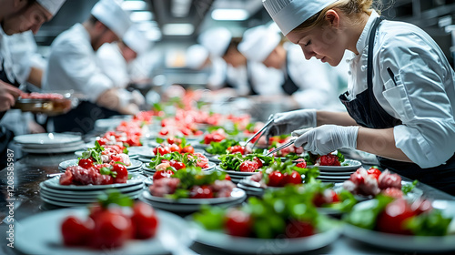 Fototapeta Naklejka Na Ścianę i Meble -  Team of Chefs Preparing Food in Restaurant Kitchen