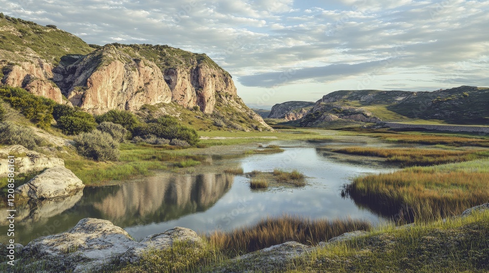 Serene landscape with rocky hills and calm water under cloudy sky Serene landscape with rocky hills and calm water under cloudy sky