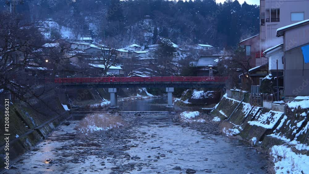 Gifu,Japan - January 19, 2025: Nakabashi bridge or Red bridge over Miyagawa river in Takayama, Gifu, Japan