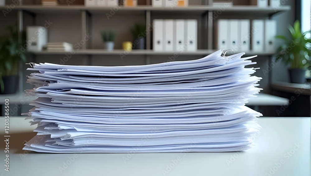 Front view, large stack of papers bound or documents on modern office desk, with shelves and books in the background, illustrating paperwork and office environment Front view, large stack of papers bound or documents on modern office desk, with shelves and books in the background, illustrating paperwork and office environment