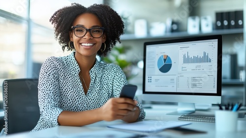 A woman checking sales metrics on her phone, sitting in a bright office with a smile, natural posture, and focus on digital success, vibrant and detailed workspace, candid capture