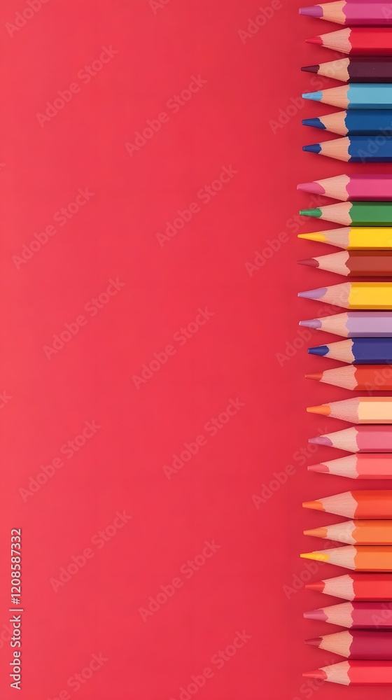 Colored Pencils Arranged Vertically on Red Background Colored Pencils Arranged Vertically on Red Background