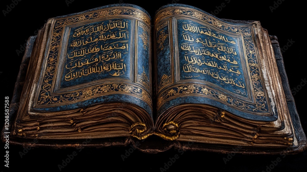 Fototapeta premium Antique Quran, gold-leafed, blue, aged pages.