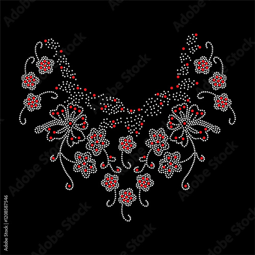 Rhinestone applique collar design for t-shirt or blouse hot-fix transfer. Abstract beautiful glitter applique rhinestone motif.