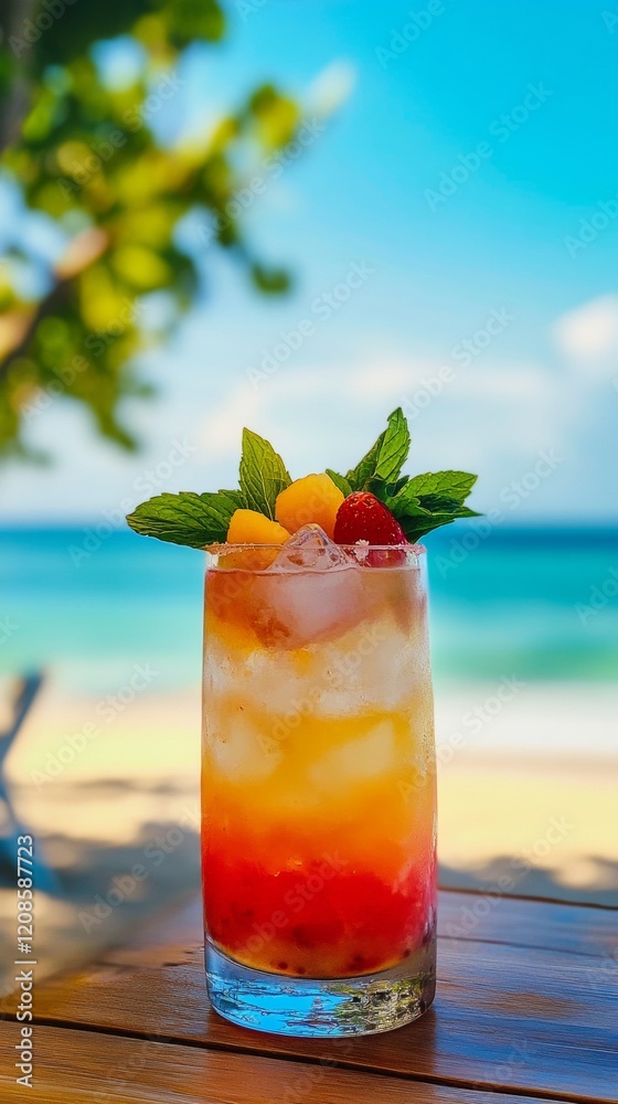 Obraz premium refreshing drink on a table with a beach background with copy space vertically 9:16