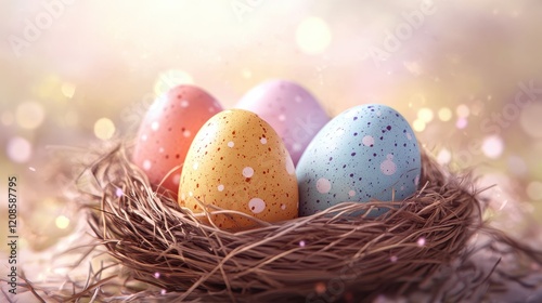 Colorful easter eggs in nest on light background for holiday decor