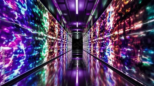 Vibrant lights pulsing and changing colors on the walls of a long corridor with reflective floor