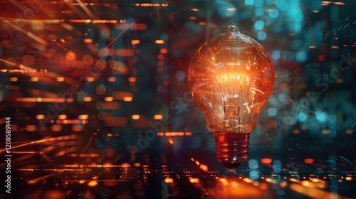 A fluorescent light bulb with a filament replaced by a circuit board. It radiates energy against the dark background of the digital data stream. It is a symbol of innovation.