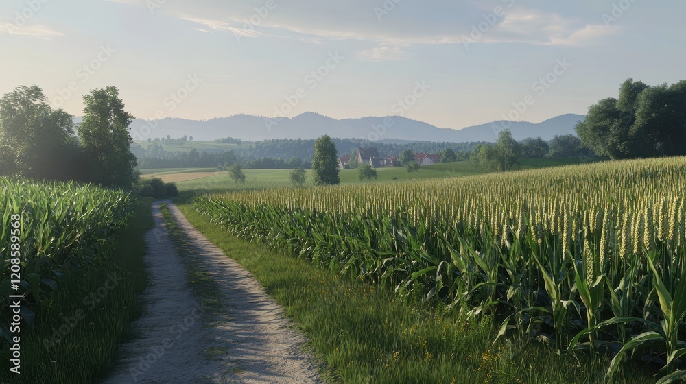 Fototapeta premium Serene cornfield and country path with distant mountains