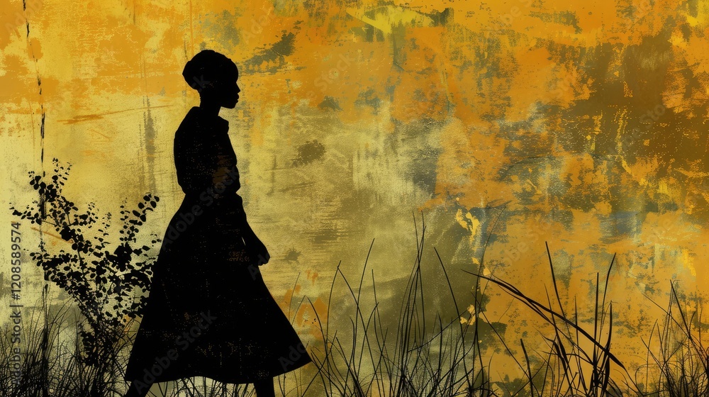 African American concept, walking adult silhouette. African American concept, walking adult silhouette.