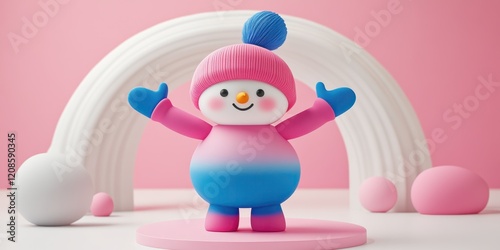 Cute Pastel Snowman Winter Holiday Character 3D Render Pink Blue Rainbow Background