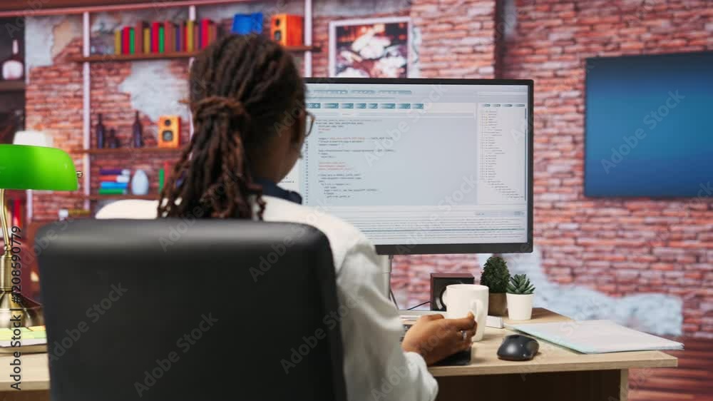 Software developer at PC coding, creating software, implementing algorithms. IT expert in home office working with code editor, building applications, optimizing performance, camera B panning shot