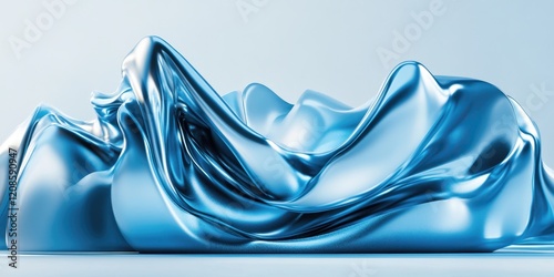 Abstract Blue Metallic Fabric Drape Shiny Liquid Silk Swirl Elegant 3D Render