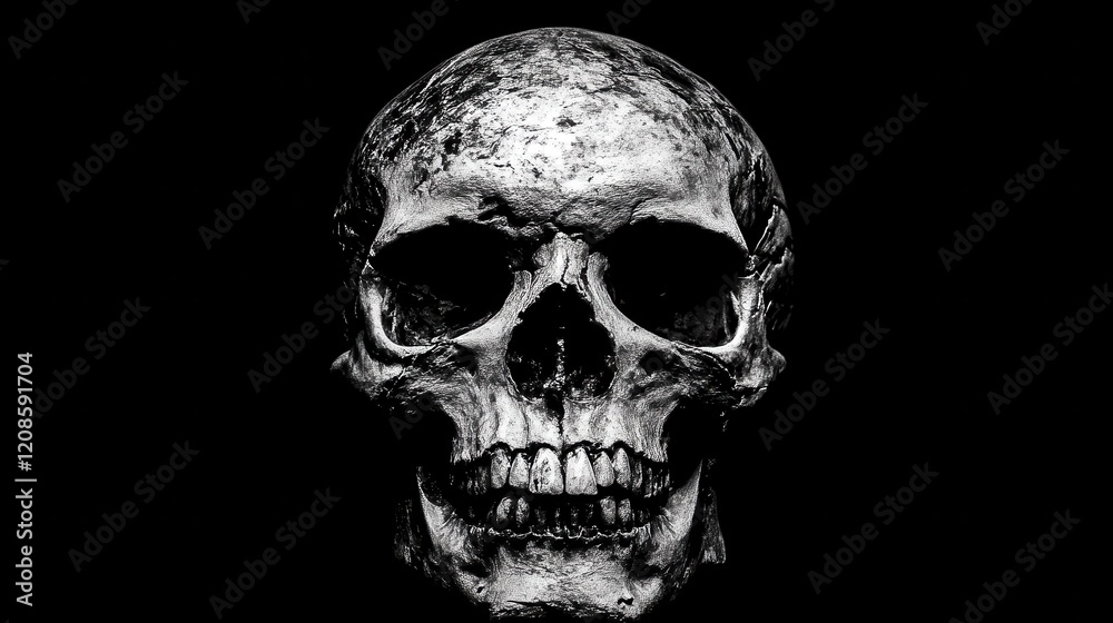 Fototapeta premium Detailed grayscale human skull on black background