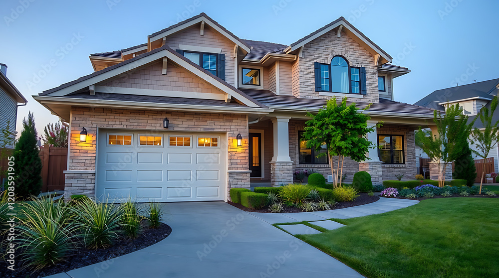 Fototapeta premium Luxury Home Exterior at Dusk: Modern Brick and Stone Architecture, Landscaped Garden, and Spacious Garage