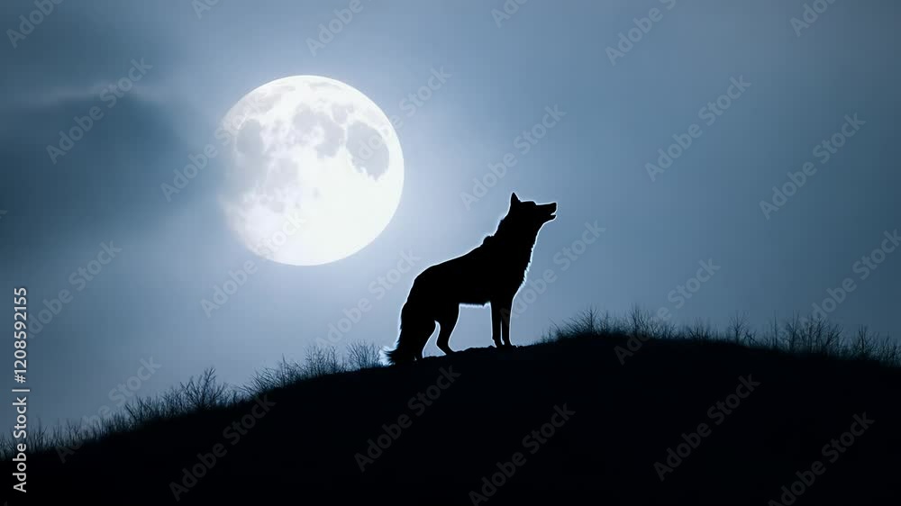 A dramatic silhouette of a wolf howling on a hilltop under a glowing full moon, set against a misty blue night sky, evoking mystery and wilderness. 4k video footage
A dramatic silhouette of a wolf howling on a hilltop under a glowing full moon, set against a misty blue night sky, evoking mystery and wilderness. 4k video footage
