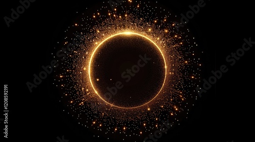 Speed ​​light effect with golden glowing lines, halos and sparkling particles shooting out from the center on a dark background for a sci-fi tunnel. space jumping