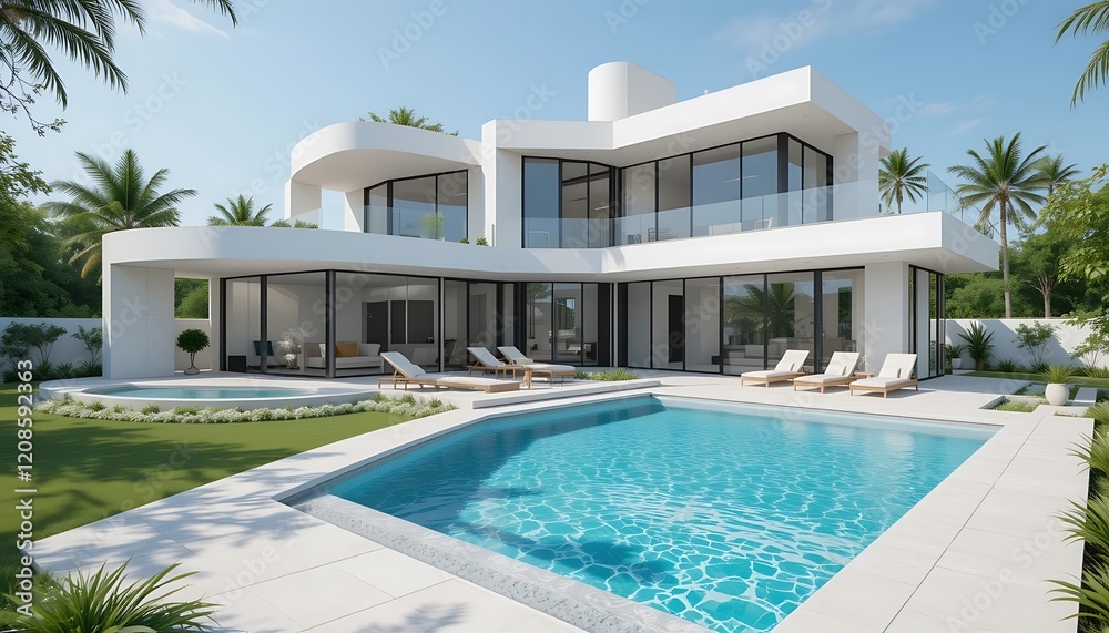 Fototapeta premium Modern White Villa With Pool And Lush Landscaping