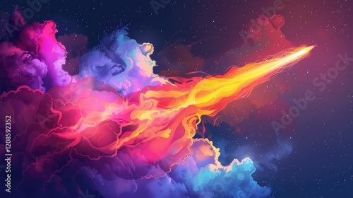 Vector illustration concept of a rocket path with a fiery explosion and multi-colored smoke.