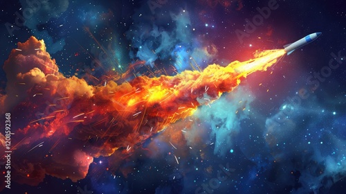 Vector illustration concept of a rocket path with a fiery explosion and multi-colored smoke.