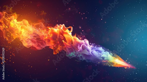Vector illustration concept of a rocket path with a fiery explosion and multi-colored smoke.