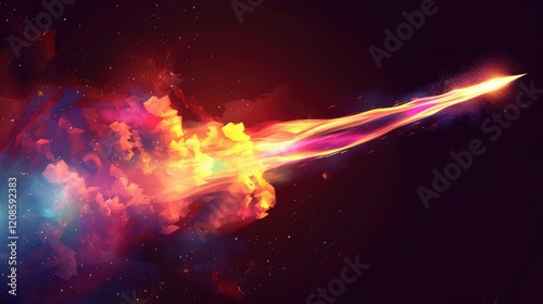 Vector illustration concept of a rocket path with a fiery explosion and multi-colored smoke.