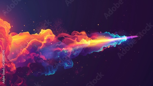 Vector illustration concept of a rocket path with a fiery explosion and multi-colored smoke.