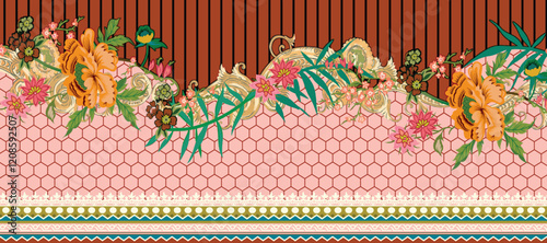 Geometric Floral Border , redefined with floral and paisley accents, ideal for elegant wallpapers and fabric collections.