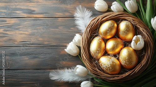Golden easter eggs in woven basket with white tulips and feathers