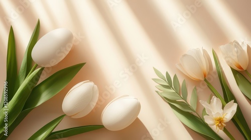 Creative easter arrangement with fresh tulips and eggs for festive decoration