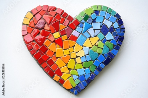 A vibrant heart-shaped mosaic made of colorful tiles in various shapes and sizes. photo