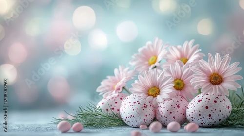 Elegant easter background with pastel pink and white daisies for spring celebrations