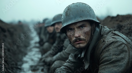 Mud-Soaked Soldier in Trench, World War I, Sad Expression