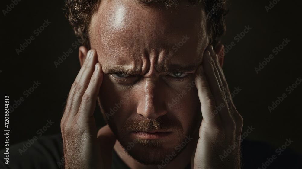 Man Feeling Pain, Head in Hands, Dark Background, Close-Up Portrait Man Feeling Pain, Head in Hands, Dark Background, Close-Up Portrait