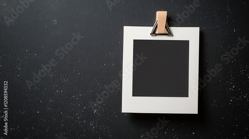 Blank polaroid picture on black chalkboard surface with leather clip photo