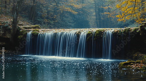 A tropical waterfall cascades over moss-covered rocks in a lush forest with vibrant green leaves creating a serene atmosphere, leaving space for a caption and evoking calm amidst nature's chaos

