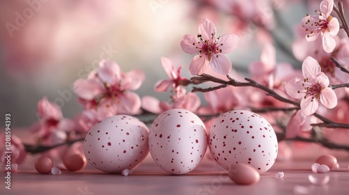 Spring blossoms and easter eggs still life with pink florals