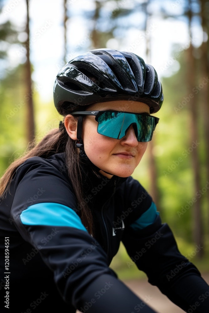Cyclist with helmet and sunglasses enjoys a sunny ride on a forest trail surrounded by trees in the afternoon light Cyclist with helmet and sunglasses enjoys a sunny ride on a forest trail surrounded by trees in the afternoon light