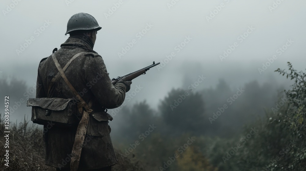 World War I Soldier Holding Rifle in Foggy Landscape - Back View World War I Soldier Holding Rifle in Foggy Landscape - Back View