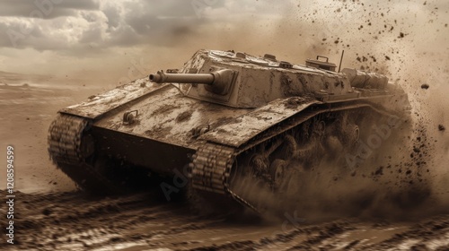 World War I Tank Charging Through Muddy Battlefield