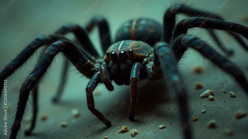 Fototapeta premium A giant spider with hairy legs and glistening fangs crawls on a wall. Its intimidating size and menacing features evoke a strong fear and discomfort, highlighting its terrifying presence.