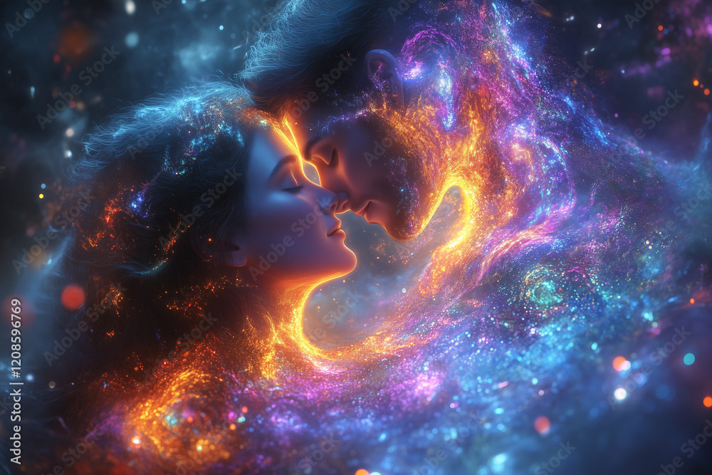 Glowing twin souls in a cosmic embrace, their auras merging into radiant, intertwined flames. Glowing twin souls in a cosmic embrace, their auras merging into radiant, intertwined flames.