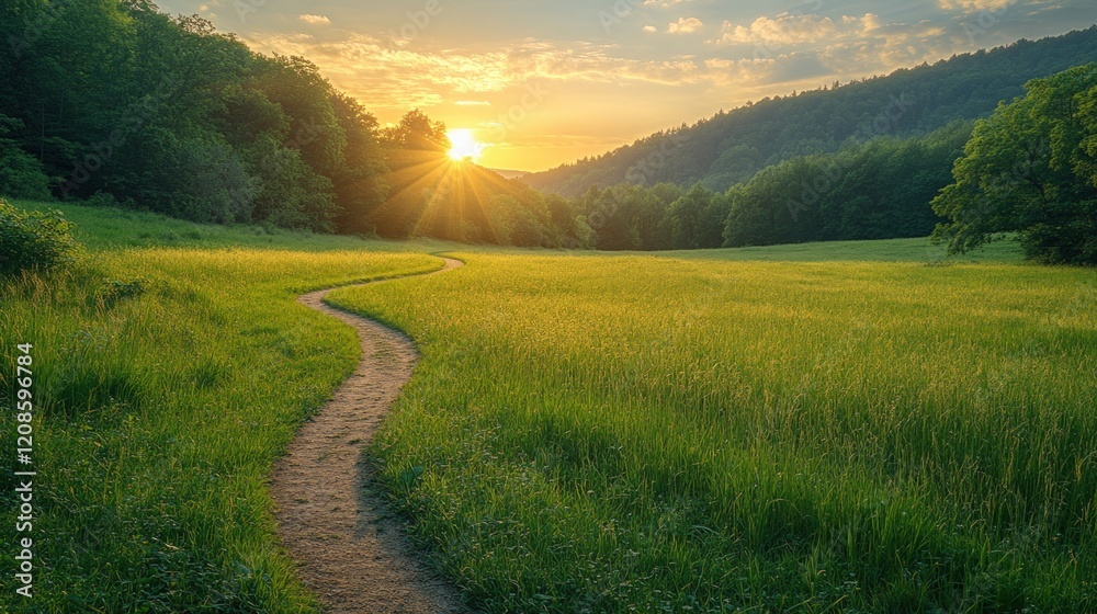 Obraz premium Sunset path through grassy field, forested hills.