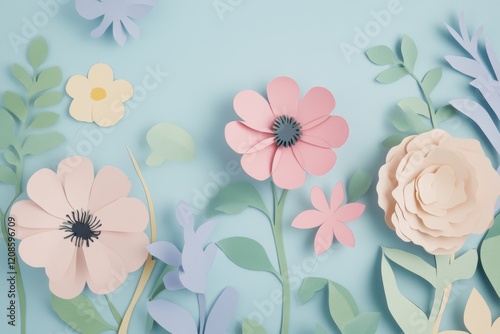 Colorful paper flowers in various shapes arranged on a soft blue background creating a cheerful spring ambiance