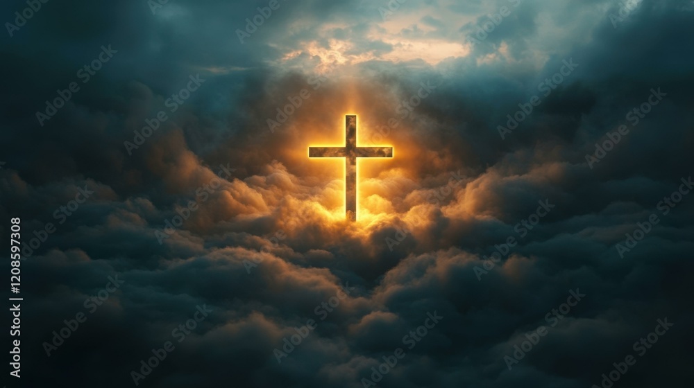 Illuminated holy cross shining through dark stormy clouds Illuminated holy cross shining through dark stormy clouds